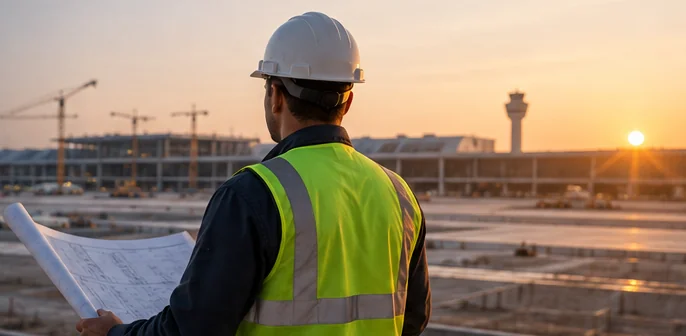Illustrative construction site with a safety-vested professional reviewing project drawings at sunset